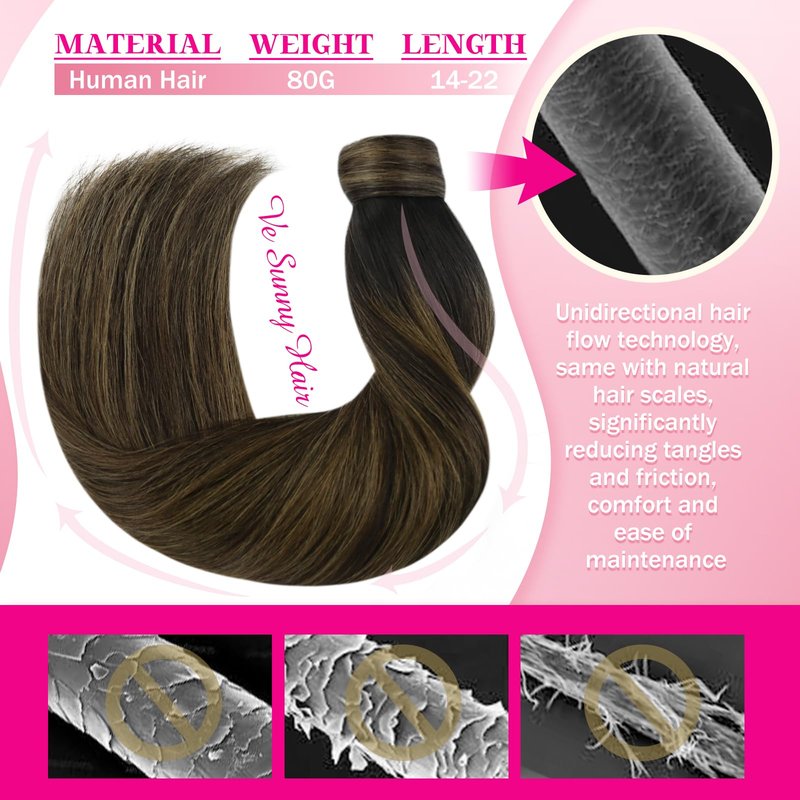 Ve Sunny Hair Extensions Ponytail Real Human Hair 80g Wrap Around Straight Ponytail Extensions Dark Brown Balayage Chestnut Brown clip in Style Short Length 14 Inch