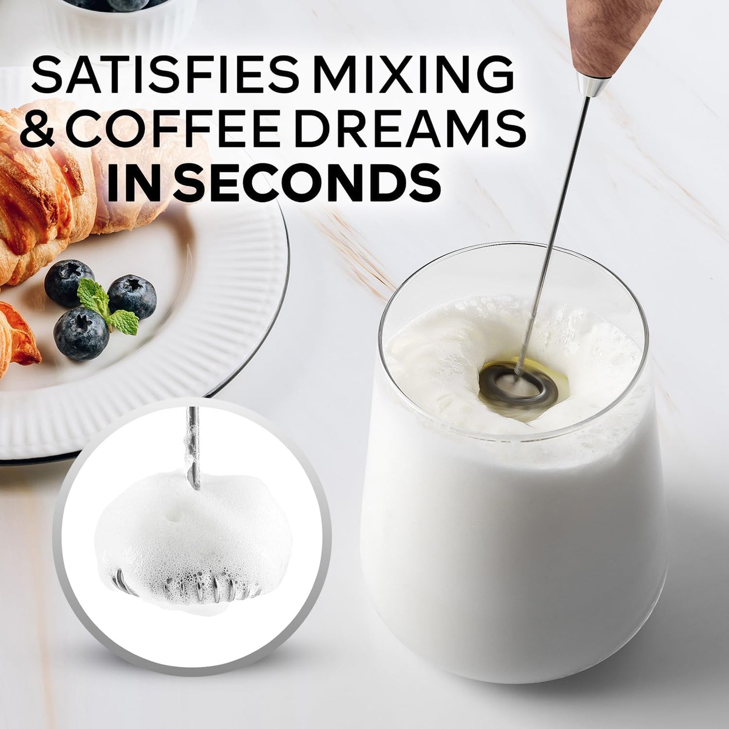 Zulay Kitchen Milk Frother Wand - Ultra-Fast Handheld Drink Mixer with Batteries - Perfect for Coffee, Lattes & Cappuccino - Walnut
