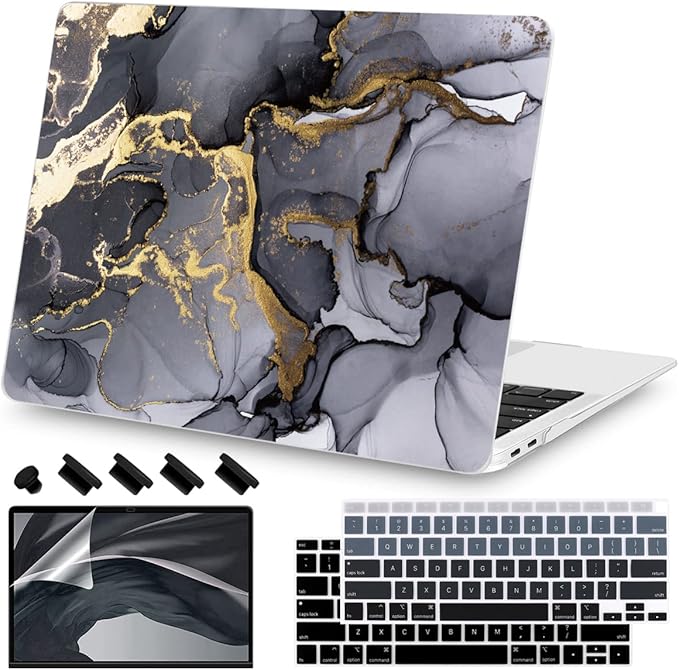 Teryeefi Compatible with 2018 2019 2020 MacBook Air 13 inch Case M1 Chip A2337 A2179 A1932 Retina Display Touch ID, Plastic Hard Shell & Keyboard Cover & Screen Protector,Gray Marble