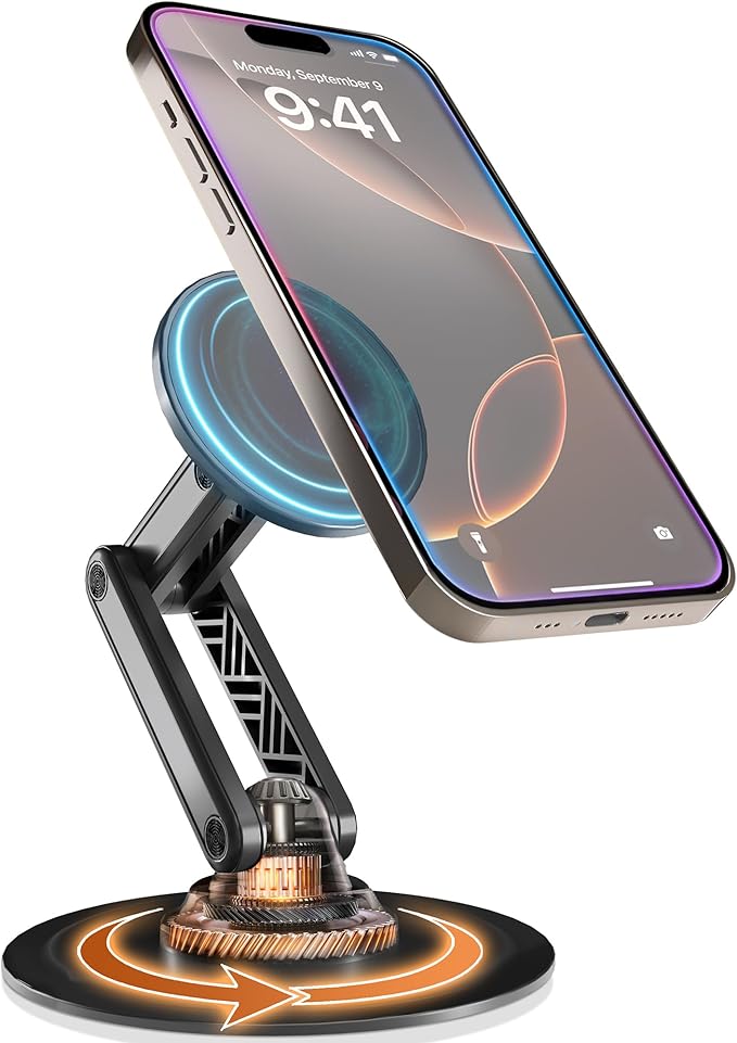 COOPER Mag360, Desktop MagSafe Stand for iPhone 17 Pro Max (16/15/14/13/12), Magnetic Phone Holder for Desk, 360° Rotating, Height Adjustable, Magnetic Phone Stand for Desk, with Metal Ring (Black)