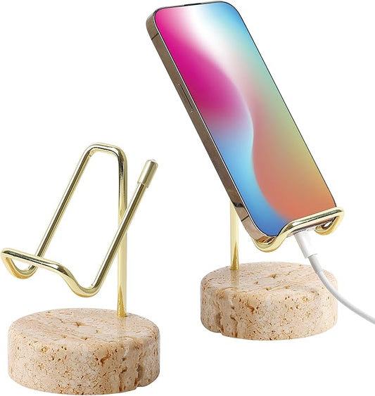 TransMarble Marble Phone Stand with Metal Holder, Charging Available While Using, Swipe Up to Unlock, Made of Natural Marble as Business Card Holder for Office Desk (Travertine Beige + Gold)