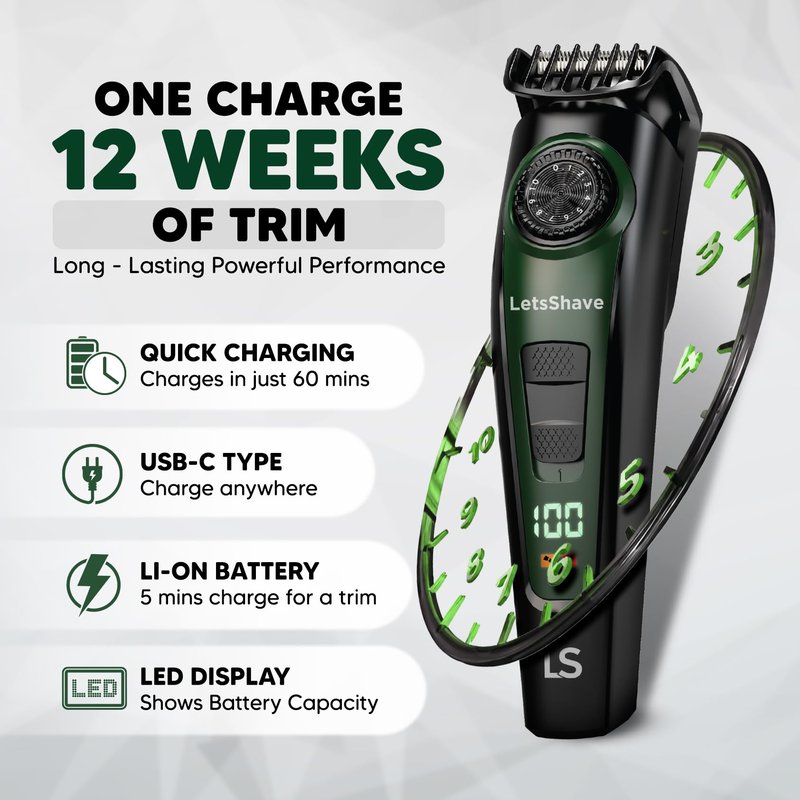 LetsShave Head, Body & Beard Trimmer for Men | Mens Full Body Hair Trimmer | Cordless | Stainless Steel Blade | Length Settings | Fast Charging Trimmer Men Black