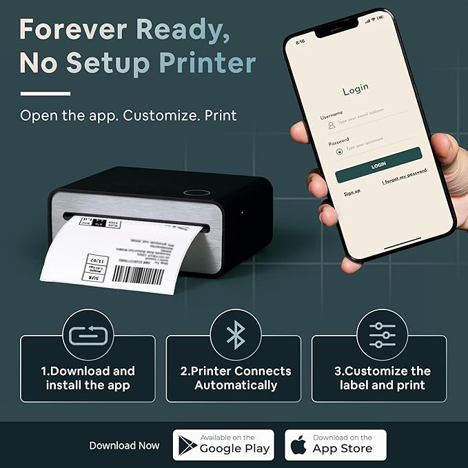 Zeturn 4x6 Thermal Shipping Label Printer - Wireless Bluetooth, Rechargeable Battery, No Ink Needed - for iPhone, Android, Home