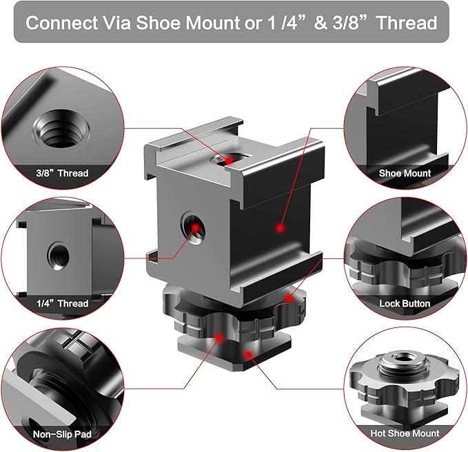 Triple Cold Shoe Mount Adapter, Cold Shoe Adapter Extension Bracket,Cold Shoe Mount Adapter with 1/4"-20 & 3/8"-16 Threads, Hot Shoe Mount for Camera DSLR Mirrorless Camcorder Mic LED Light Monitor