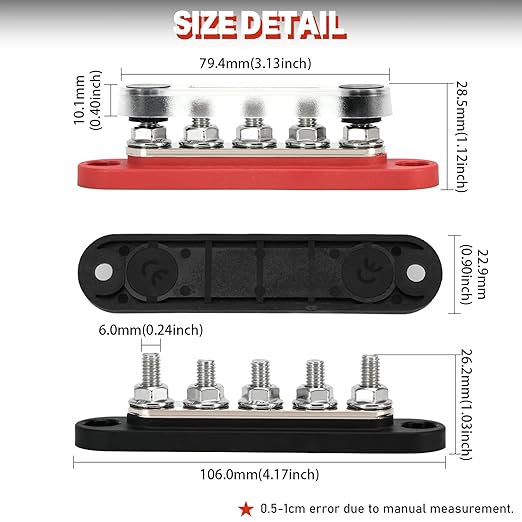 ZJTBLL 150A 12V Power Distribution Block with 5 x 1/4" (M6) Studs Max 150A 48V DC 300V AC for Automotive Car Marine Truck Boat