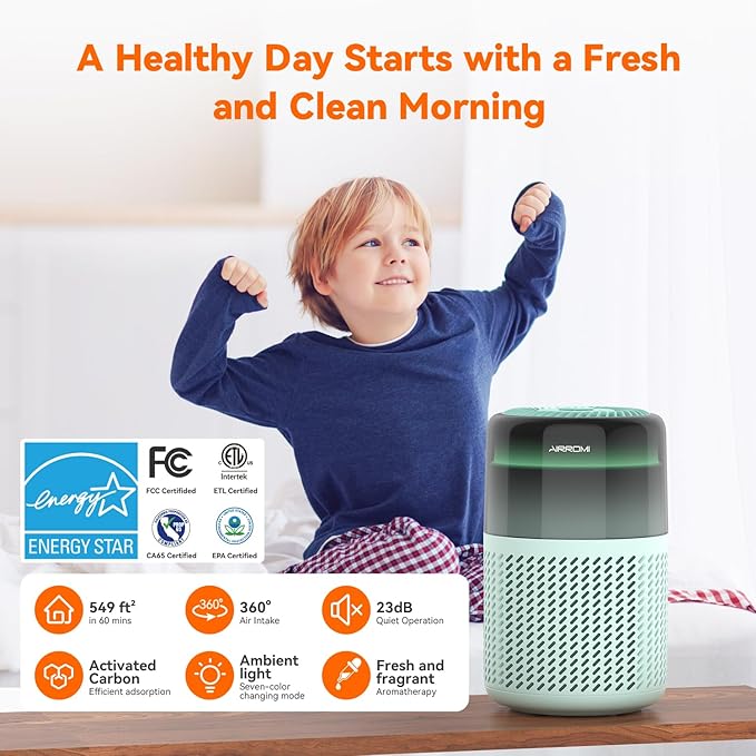 AIRROMI HEPA Air Purifier for Bedroom&Home,Pet Air Purifier for Home Pets,Removes Pet Odor,Cat Litter Smell,Dust,Smoke&Allergies,Quiet Room Air Purifier with Scents,360°Air Cleaner,A2005 Turquoise