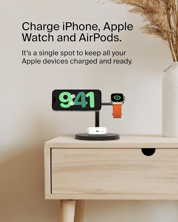 Belkin MagSafe-Compatible iPhone Charger, 3-in-1 Wireless Charging Station, Qi2-Certified 15W Wireless Charge for Apple iPhone 17 Series, Apple Watch, AirPods w/Non-Slip Base, 40W Included - Black