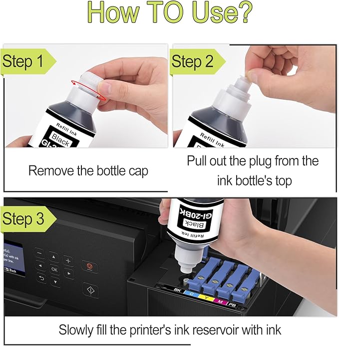 greencycle GI-20 GI20 Ink Refill Bottle Kit 4 Pack Compatible for Canon GI-20 GI20 High Capacity High Yield Black & Color Ink Bottles Combo Pack Work for G6020 G7020 G5020 Printers