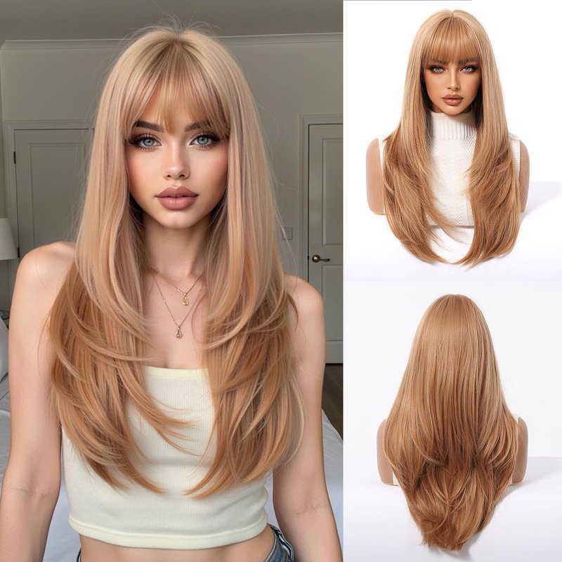 MS.FEEL Wig with Bangs Long Straight Layered Wigs Natural Looking Synthetic Glueless Wigs for Women Daily Party Use 24 Inch (Honey Blonde, 24 Inch)