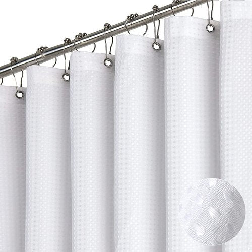 Dynamene Extra Long Fabric Shower Curtain - Waffle Weave 90 Inches Long Heavy Duty Cloth Shower Curtains for Bathroom, 256GSM Tall Hotel Luxury Bath Curtain Set with 12 Plastic Hooks(72Wx90H, White)