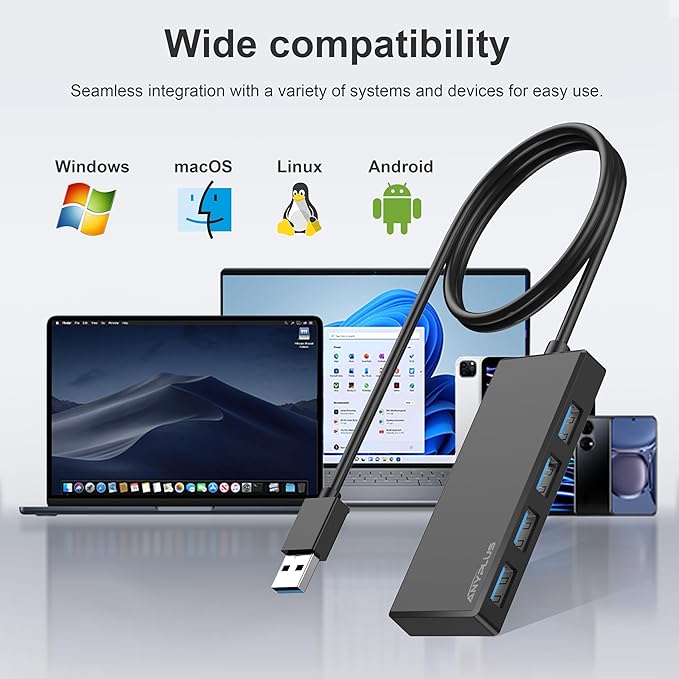 ANYPLUS USB Hub, Multiport USB Splitter Adapter, 2 ft Long Cable USB 3.0 Hub, USB Extender for Laptop, PC, iMac, Surface Pro, MacBook, Mac Pro, Flash Drive, XPS, Mouse, HDD, Black, HJ-Black-0.5M-001