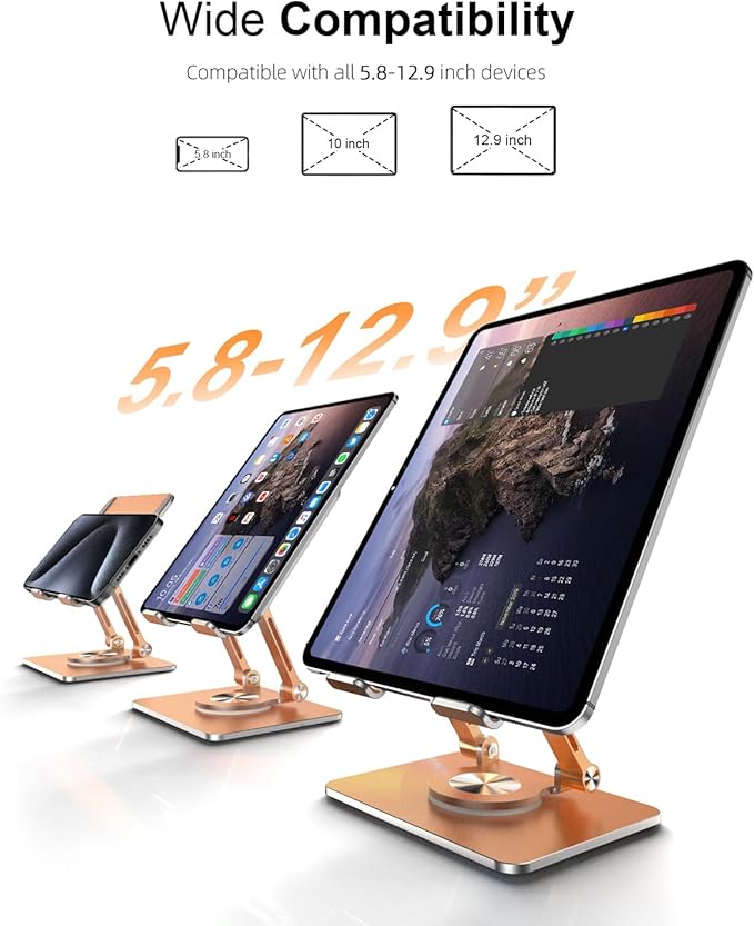 Orlian Tablet Stand Holder with Thickened 360°Rotating Base Dual Rod Adjustable Aluminum Stand for All 5.8-12.9” iPad Samsung Phone Tablet Kindle E-Reader and More, Gold