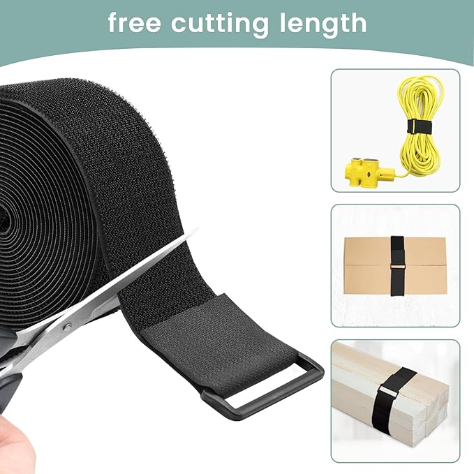WSZJINB 2In x 16Ft Cable Straps Heavy Duty With 15 Buckles, Black Hook and Loop Straps, Reusable Cable Ties for Organizer or Storage