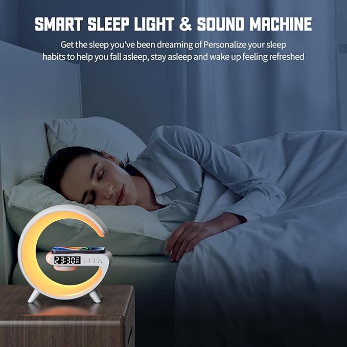 XCDIFA Mini LED Table Lamp with 4-in-1 Wireless Charger, Night Light, Sunrise Alarm Clock, Bluetooth Speaker, Smart Atmosphere Table Lamp for Bedroom, Office, Home Decor (White)
