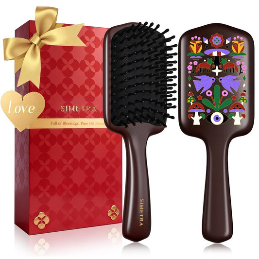 SIMETRA Wooden Paddle Hair Brush Unique Pattern Hair Brushes for Women Wet Brush Detangling Brush Guinean Ovangkol Hardwood Bristles for Scalp Massage for Men Kids for All Hair Types Gift (Fox)