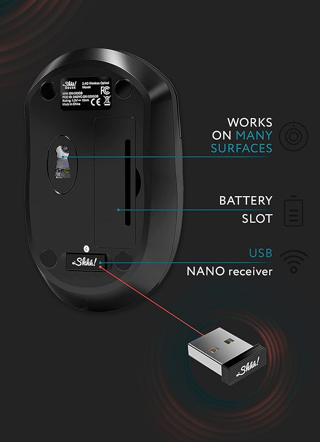 SHHHMOUSE – Wireless Silent Optical Mouse with USB Receiver and Batteries – Cordless, Portable, Quiet Click Mouse for PC, Laptop, Chromebook, Computer