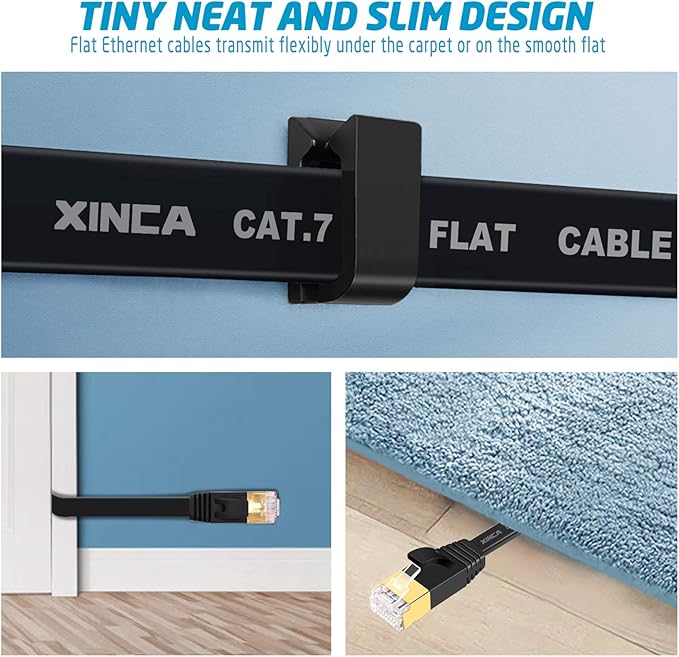 XINCA Cat 7 Flat Ethernet Cable 25ft Black, High Speed 10GB Shielded (STP) LAN Internet Network Cable Ethernet Patch Computer Cable with Rj45 Connectors and 10pcs Adhesive Clips