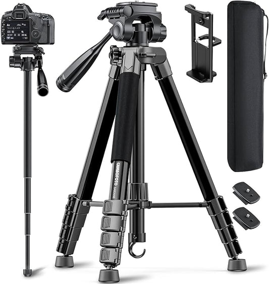 CAMBOFOTO 73" Camera Tripod and Monopod, Professional Aluminum Tripod Stand for Mirrorless Camera/DSLR/Cell Phone/Camcorder/GoPro, with Phone Holder and Travel Bag (Black)