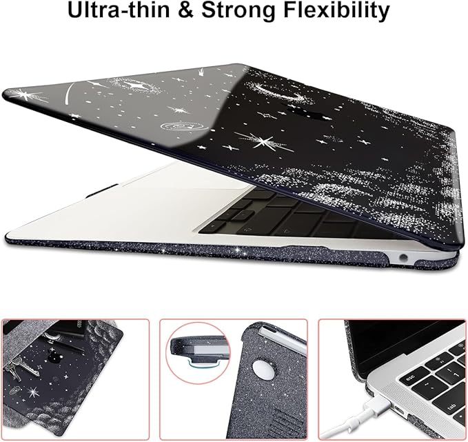 LCMOCICO for MacBook Air 13 inch Case 2021 2020 2019 2018 Release M1 A2337 A2179 A1932, Glitter Crystal Black Pritned Pattern Plastic Hard Case Cover for Mac Air 13.3" M1 Touch ID, Stars & Moon