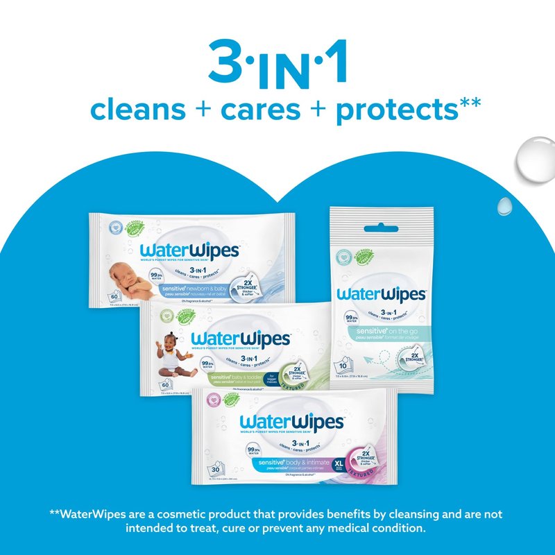 WaterWipes Sensitive+ Newborn & Baby Wipes, 3-In-1 Cleans, Cares, Protects, 99.9% Water, Unscented & Hypoallergenic, 240 Count (4 Packs)