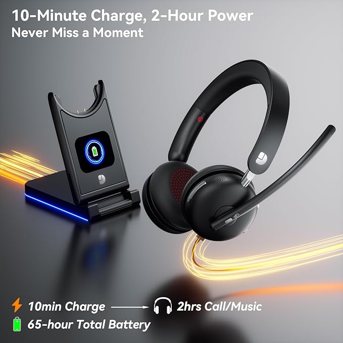 Dytole Wireless Headset with Mic for Work-Bluetooth 5.3 Headset with Noise Cancelling, Wireless Headsets with 65Hrs Battery & 10Min Fast Charge, Smart Dock with Digital Display for PC/Computer/Teams