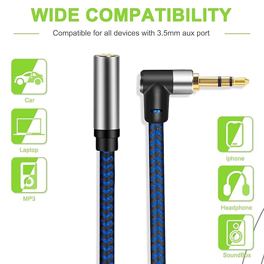 GGMTY 3FT 3.5mm Audio Extension Cable, 90-Degree Right Angle Aux Extender Cord (Male to Female), Nylon Braided TRS Stereo Audio Jack Adapter for Car, PC, Speakers, Headphones (No Mic Support)