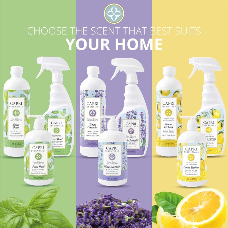 CAPRI ESSENTIALS Hand Soap Liquid, Natural Household Cleaning Supplies, Gentle Plant Based Aromatic Hand Wash, Blend of Essential Oils, Removes Dirt & Grime, White Lavender Scent, 16 FL Oz (6 Pack)