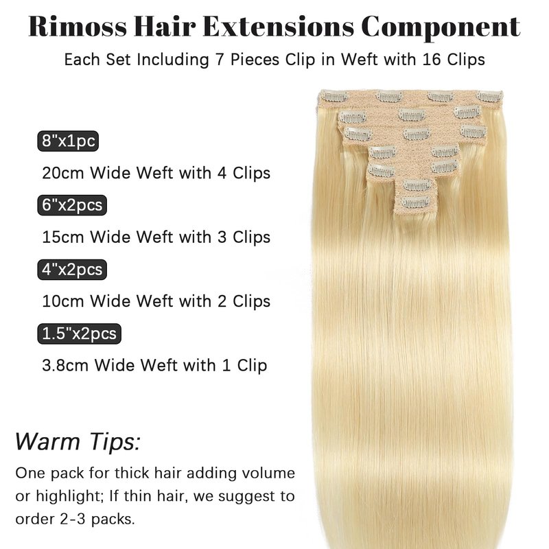 Rimoss Clip in Hair Extensions Real Human Hair - 120g 12 Inch 7pcs, Bleach Blonde Color - Premium Soft Remy Hair Extensions Real Human Hair Clip ins Straight for Women (#613 12 Inch)