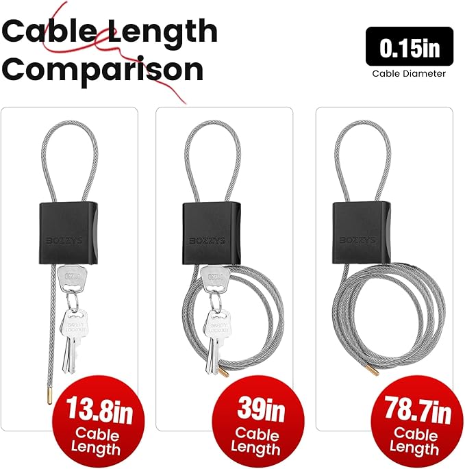 BOZZYS Cable Lock with 3 Keys | L 6.56ft(2m),D 1/6in(4mm) Adjustable Steel Cable Padlock | Aluminum Locks for Bikes, Gate, Lockers & Outdoor Gear | Weatherproof & Black