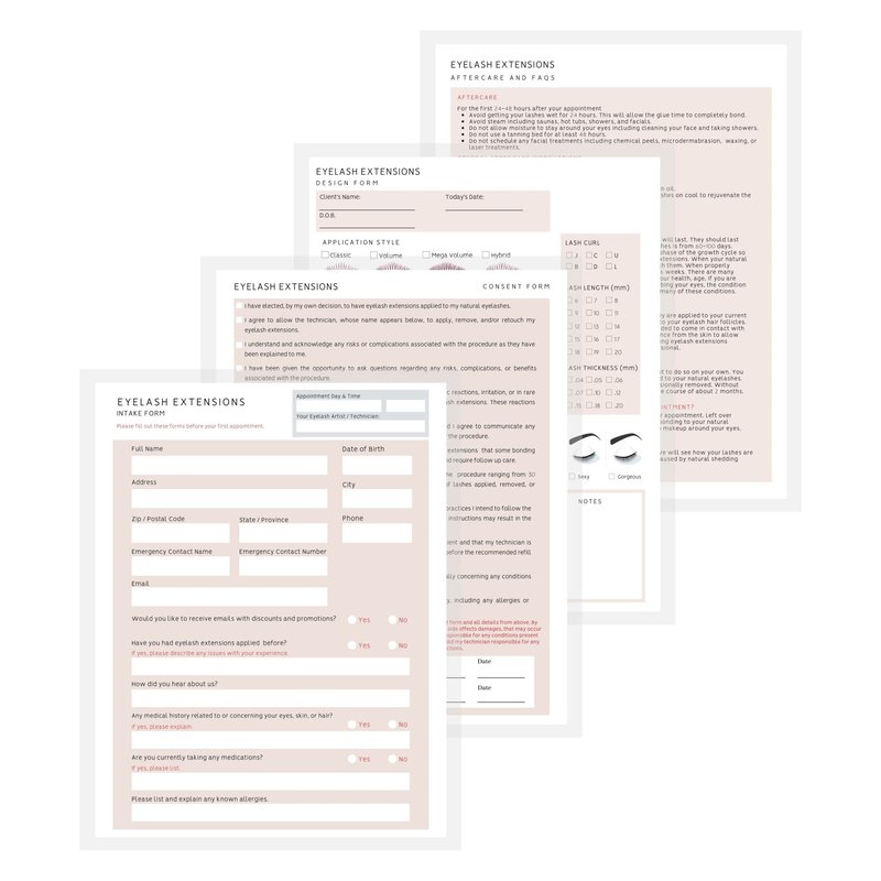 Lash Extension Eyelash Consent, Intake, Aftercare forms with Mapping | 100 Pack | 25 of each Consent, Intake, Aftercare, and Mapping Forms for Lash Artists | 8.5 x 11 inch