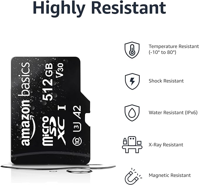 Amazon Basics microSDXC Memory Card with Full Size Adapter, A2, U3, Read Speed up to 100 MB/s, 512GB, Black