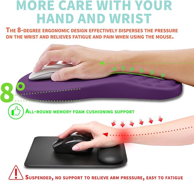 Kuosgm Ergonomic Mouse Pad Wrist Support with Memory Foam Massage Bulge, Carpal Tunnel Pain Relief Mousepad Wrist Rest for Mouse(12x8 inch, Deep Purple)