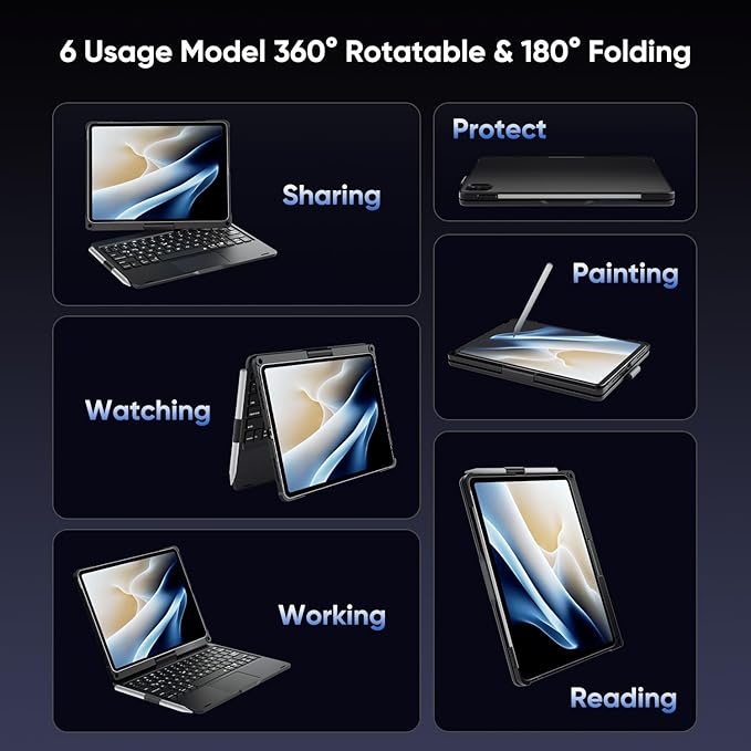 doqo Keyboard Case for iPad 11th (A16,2025) & iPad 10th (2022) 11-inch, 360° Rotating Wireless Keyboard with Multi-Touch Trackpad, 7-Color Backlit Slim Protective Cover (Black)