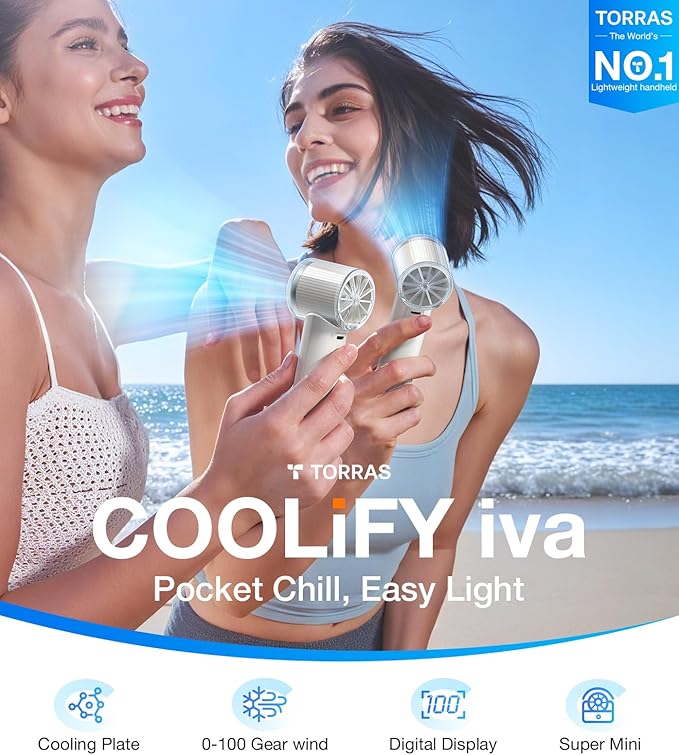 TORRAS COOLiFY iva Handheld Fan with Ice Cooler, [Chill by 50°F], 0-100 Adjustable Speed, Super Mini Powerful Portable Fan 4900mAh Rechargeable, Hand Fans for Travel Essentials,Mothers Day Gifts,Ivory