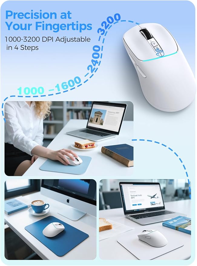 RAPIQUE Wireless Mouse for Laptop, Dual Bluetooth & 2.4G, Multi-Device for 3 Devices, USB-C Rechargeable, Quiet Click, 4 DPI Levels up to 3200, Ergonomic Right-Hand Mouse for MacBook, PC - White