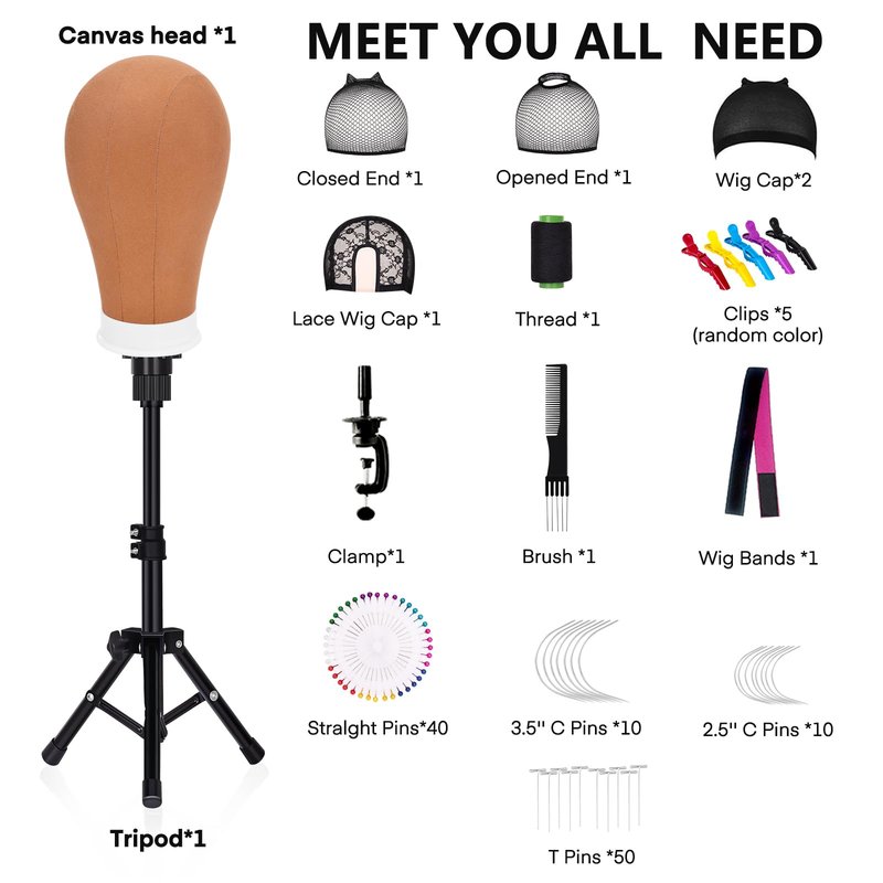 GHWMYD 22 Inch Canvas Wig Head Mannequin Head With 63in Tripod Stand, Manikin Canvas Head Set for Wigs Making Display Styling with Tripod Table Clamp Wig Caps Pins Set Hair Brush, Clips(Beige)