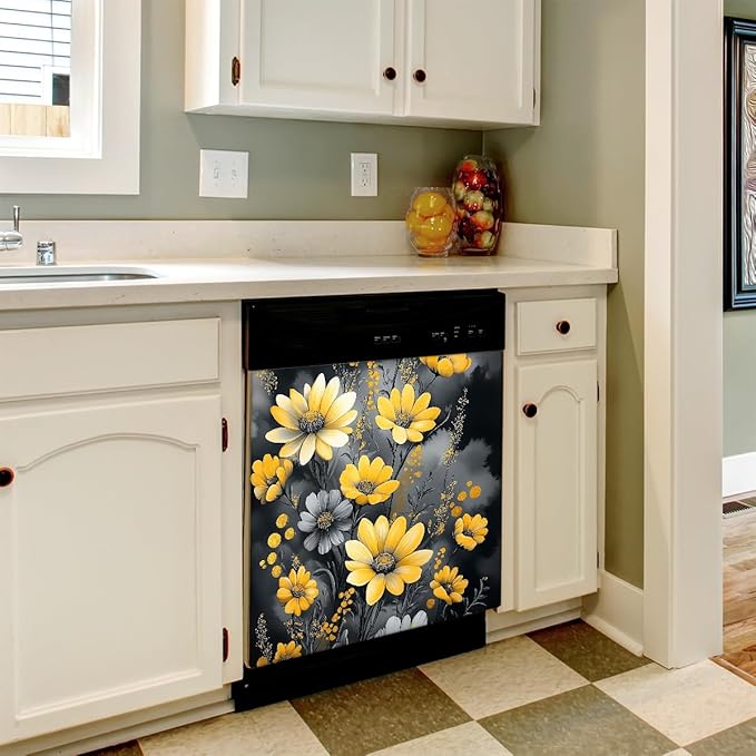 Painting Yellow Grey Flowers Dishwasher Magnet Cover Decorative Refrigerator Covers Magnetic Reusable Dishwasher Door Cover Kitchen Appliance Sticker Cover 23x26Inch