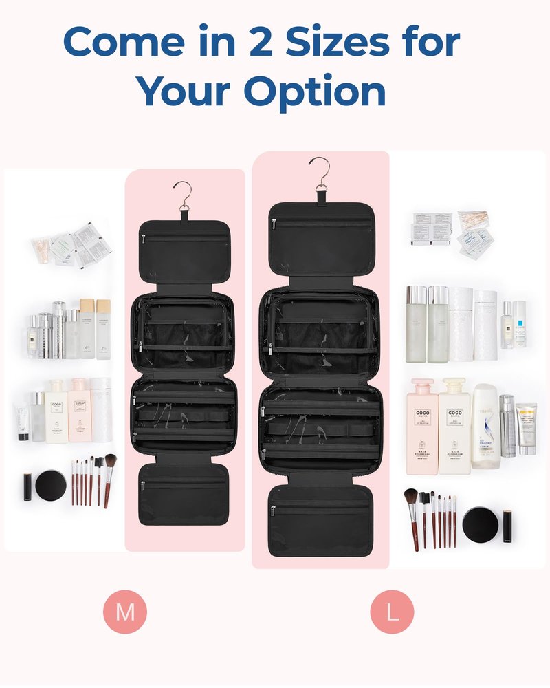BAGSMART Travel Toiletry Bag with Jewelry Organizer, Hanging Travel Bag for Toiletries, Puffy Makeup Cosmetic Bag Organizer, Carry-on Travel Accessories Essentials, Black-L
