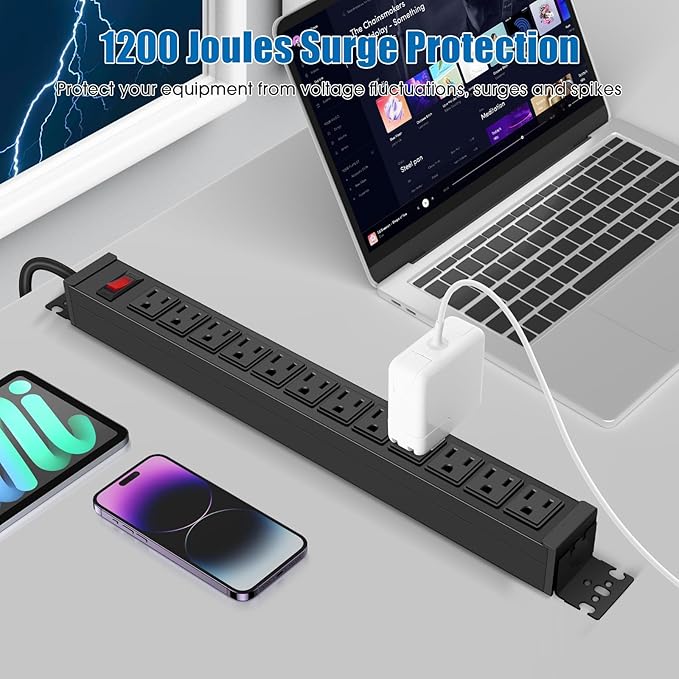 HHSOET Rotating Mountable Power Strip, 12 Outlet Wall Mount Surge Protector,1200J, Metal Heavy Duty and Versatile Outlet Strip, Stylish Appearance, Sturdy and Durable, 6ft Power Cord.(Black)