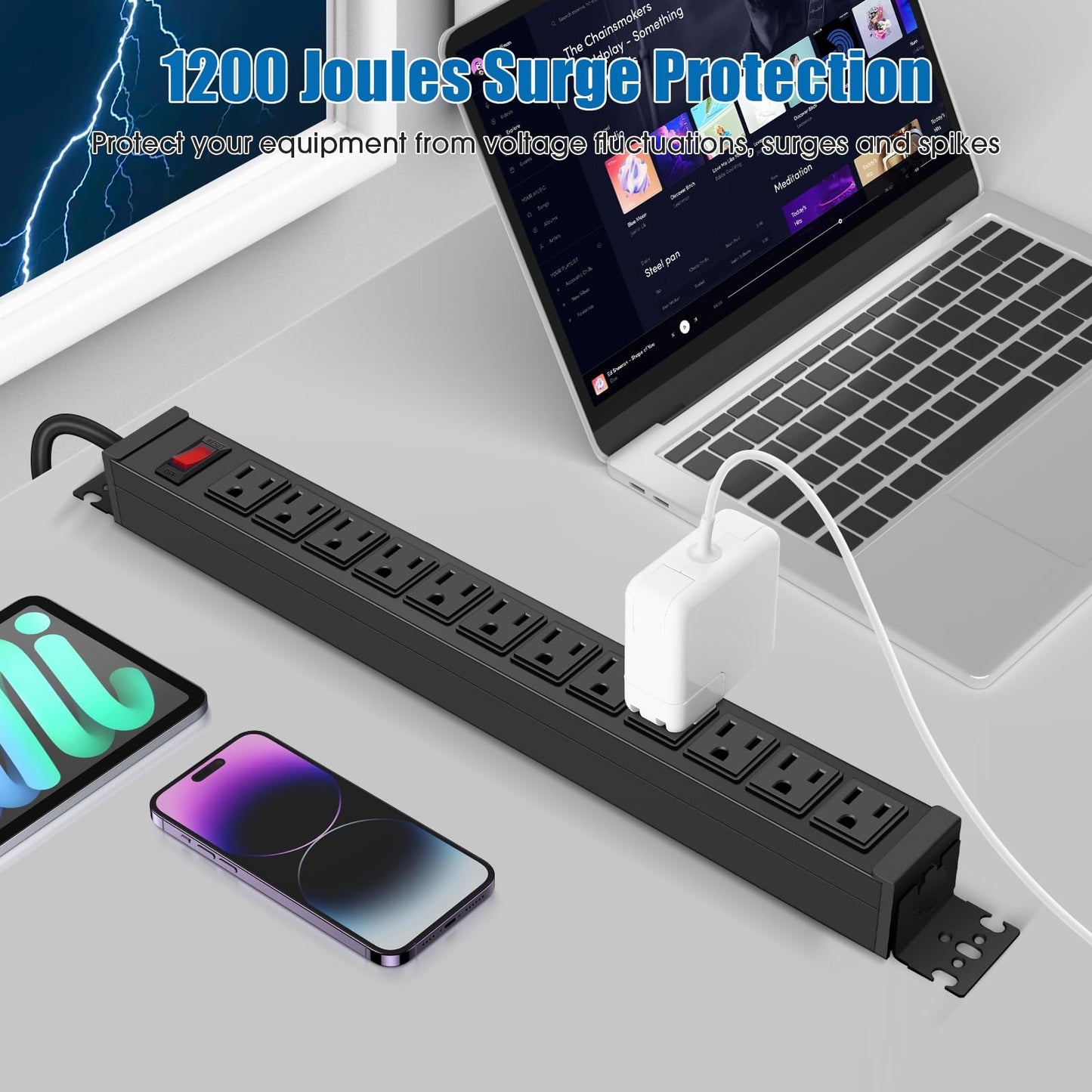 HHSOET Rotating Mountable Power Strip, 12 Outlet Wall Mount Surge Protector,1200J, Metal Heavy Duty and Versatile Outlet Strip, Stylish Appearance, Sturdy and Durable, 6ft Power Cord.(Black)