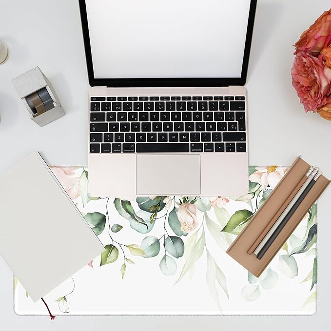 KOAIWPAE Desk Mat, Watercolor Pink Flowers Desk Pad, Green Leaves Flowers Large Gaming Mouse Pad for Desk, 31.5"x15.7" Extended Big Computer Keyboard Mouse Pad with Non-Slip Base and Stitched Edge