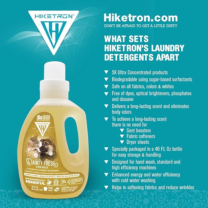 Hiketron Dainty Fresh For Pets Liquid Laundry Detergent, 5x Ultra Concentrated, Tough Stains Remover, Long Lasting Scent (80 Fl Oz, Pack of 2)