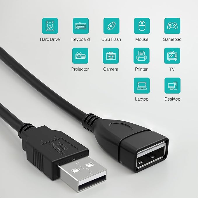 LORDTRONICS Long USB Extension Cable 10FT - Male to Female Data Transfer Adapter and Charging for Laptop, PlayStation, Xbox, Flash Drive - Black