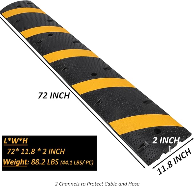 6FT Speed Bump 2 Pack, Heavy Duty Rubber Speed Bumps for Road Driveway, 2 Channel Modular Traffic Speed Humps for Low Cars Asphalt Concrete Gravel, 25,000 lbs Load Capacity