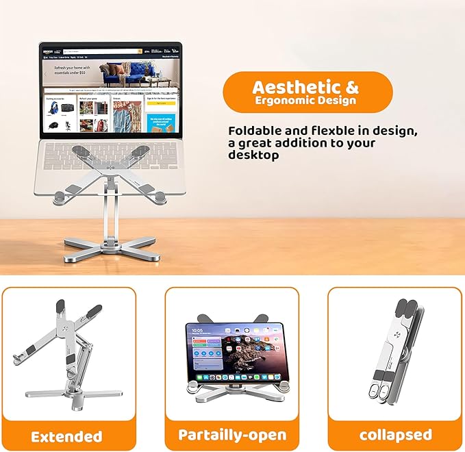 Moallia N86 360 Rotating Laptop Stand, Adjustable Height & Angle, Ergonomic Metal Riser for Desk Collaborative Work, Fully Foldable for Easy Storage, Fits All MacBook & Laptops up to 16 inches, Silver