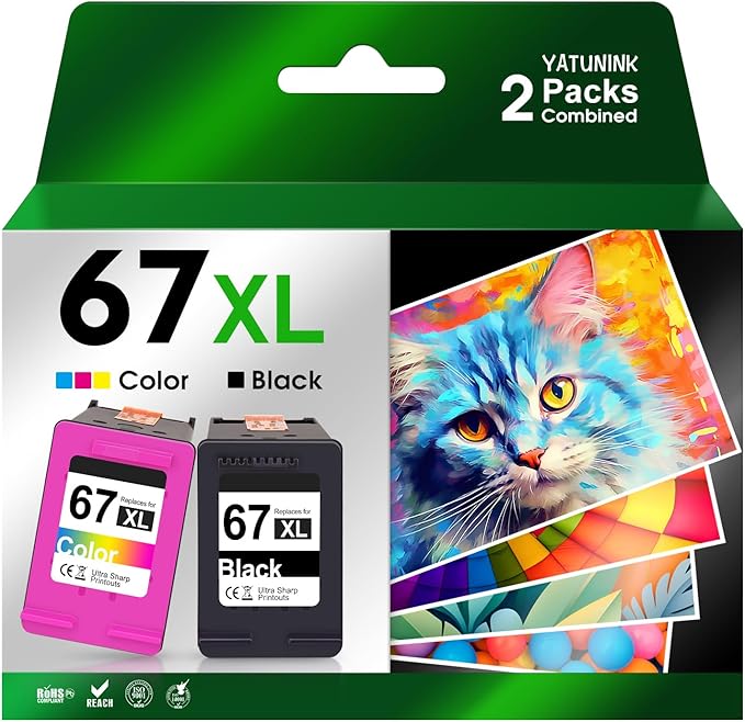 YATUNINK 67XL 67 Ink Cartridges Black/Color Combo Pack Replacement for HP Ink 67 XL Work for DeskJet 2755e 2855e 4155e 2700 2800e 4255e 2855e 4100e Envy 6055e 6000 6555e 6455e (Black, Tri-Color)