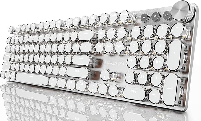EWEADN Wired Typewriter Mechanical Keyboard, Quiet White Linear Switches Retro Punk Style with Media Knob, Elegant Backlit Metal Panel, 104-Key Round Keycaps Cute Keyboard for Windows PC - Pure White