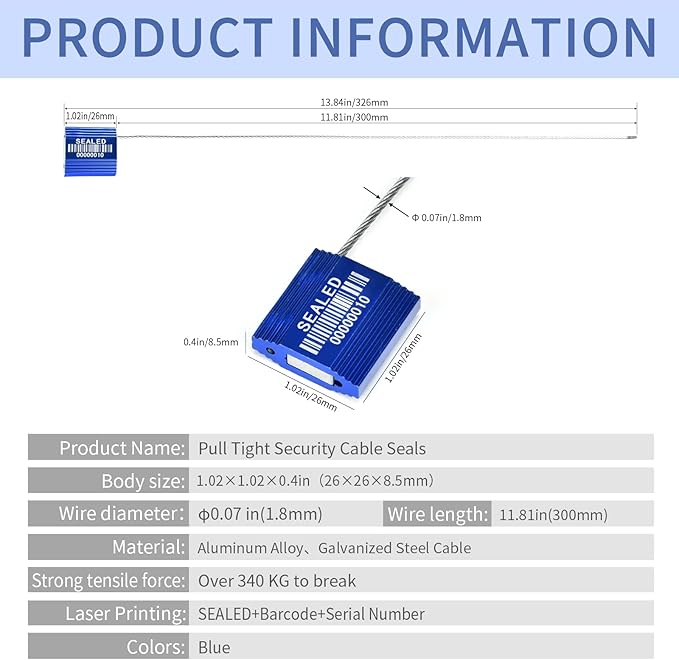 LeadSeals 50 Blue High Security Cable Seals With Barcode - Pull Tight Numbered Steel Anti-Tamper Shipping Self-Locking Tags for Logistics - ISO 17712 Certificated