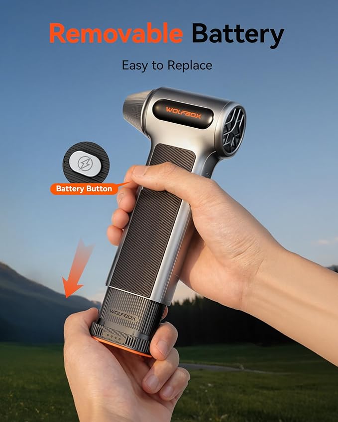 WOLFBOX MF200 Compressed Air Duster with Removable Battery & 4 Nozzles, Cordless 3-Speed Adjustable Mini Blower for Computer Keyboard, Car Cleaning, Home, and Outdoor Use