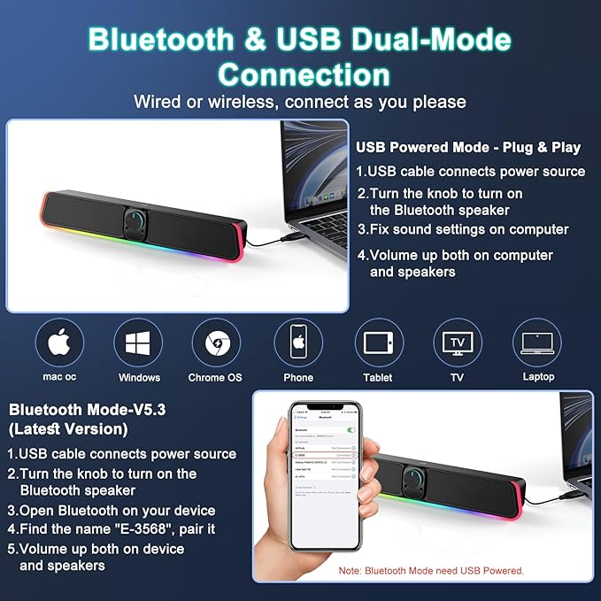 BUSP-HYY Computer Speakers - Wired USB Powered Bluetooth Computer Sound Bar with RGB & Volume Knob, HiFi Stereo Portable Gaming Sound Bar Speaker for Desktop Monitor, PC, Laptop, Tablets, Mac Air/Pro